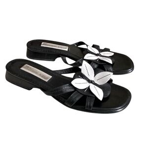 ETIENNE AIGNER Vintage Y2K Black & White Flower Upper Women's Sandals Size 6.5M